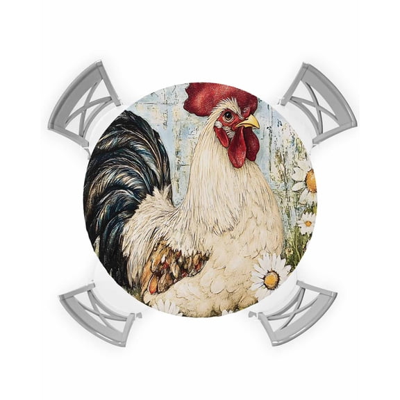 nqOlkjepod White Retro Rooster Round Tablecloth, Fitted Table Cover with Elastic for 36"-44" Round Tables, Spring Floral Pastoral Rooster Table Cloth Outdoor Dinning Party Waterproof Tablecloths