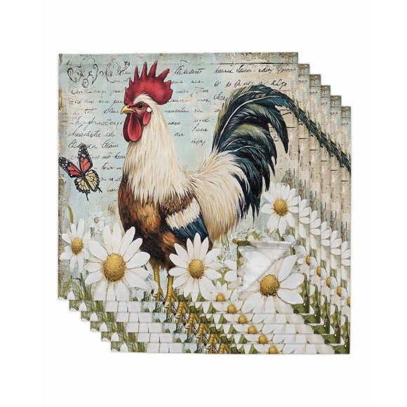 nqOlkjepod White Spring Floral Rooster Cloth Napkins Set of 6 Reusable Dinner Napkins, Elegant Retro Rooster Cocktail Napkin Washable Table Napkins for Wedding/Holiday Party/Baby Shower 20"x20"