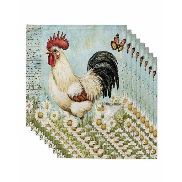 nqOlkjepod White Spring Floral Rooster Cloth Napkins Set of 8 Reusable Dinner Napkins, Retro Rooster Farmhouse Cocktail Napkin Washable Table Napkins for Wedding/Holiday Party/Baby Shower 20"x20"