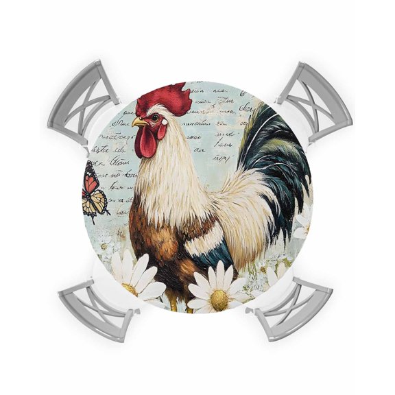 nqOlkjepod White Spring Floral Rooster Round Tablecloth, Fitted Table Cover with Elastic for 45"-54" Round Tables, Elegant Retro Rooster Table Cloth Outdoor Dinning Party Waterproof Tablecloths