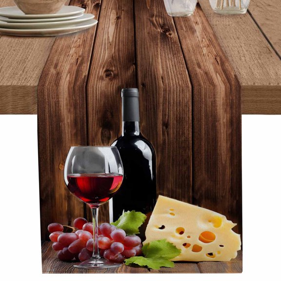 nqOlkjepod Wine Cheese Table Runner 48 Inches Long Farmhouse Dress Scarves, Grapes Farmhouse Brown Wooden Plank Dining Tablerunner for Coffee Table/Kitchen Island/Party Décor, 13" x 48"