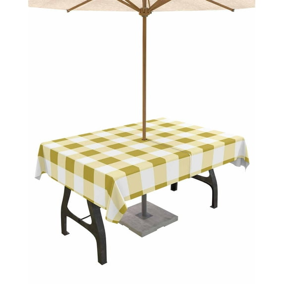 nqOlkjepod Yellow Checkered Outdoor Tablecloth with Umbrella Hole & Zipper, Farmhouse Buffalo Plaid Rectangle Table Cover 60x84 Inch, Dining Waterproof Table Cloth Protector for Patio/Party/Picnic
