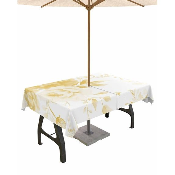 nqOlkjepod Yellow Floral Art Outdoor Tablecloth with Umbrella Hole & Zipper, Watercolor Botanical Spring Flowers Rectangle Table Cover 60x120 Inch, Dining Waterproof Table Cloth Protector for Patio