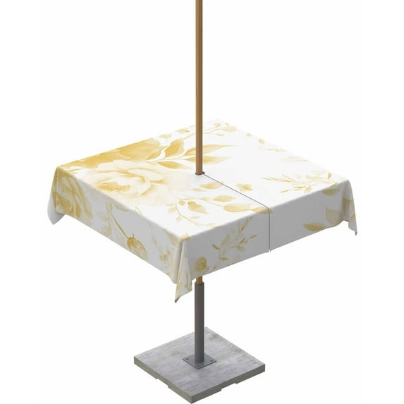 nqOlkjepod Yellow Floral Art Outdoor Tablecloth with Umbrella Hole & Zipper, Watercolor Botanical Spring Flowers Square Table Cover 60x60 Inch, Dining Waterproof Table Cloth Protector for Patio