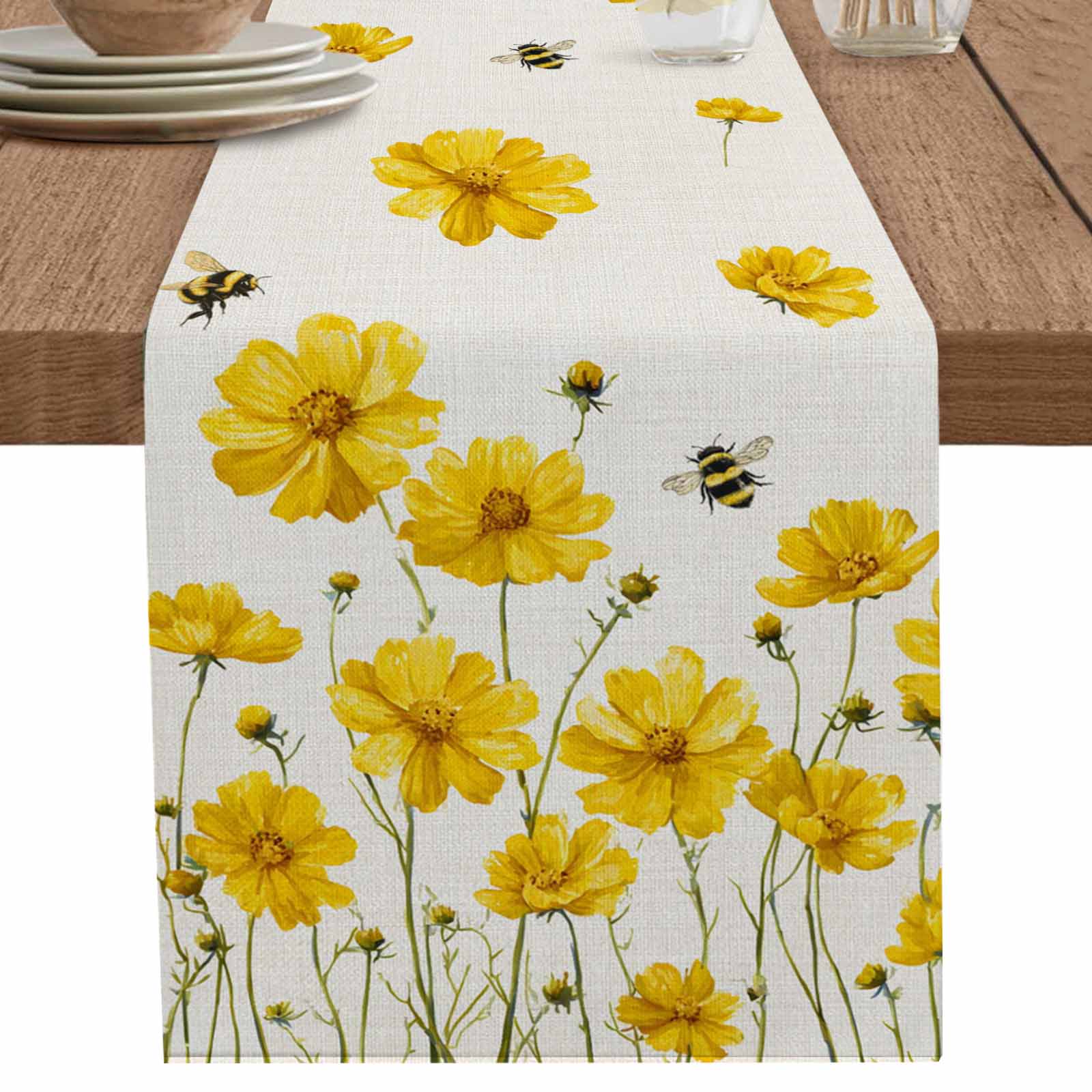 nqOlkjepod Yellow Floral Bee Table Runner 72 Inches Long Farmhouse Dress Scarves, Summer Watercolor Botanical Flower Dining Tablerunner for Coffee Table/Kitchen Island/Party Décor, 13" x 72"
