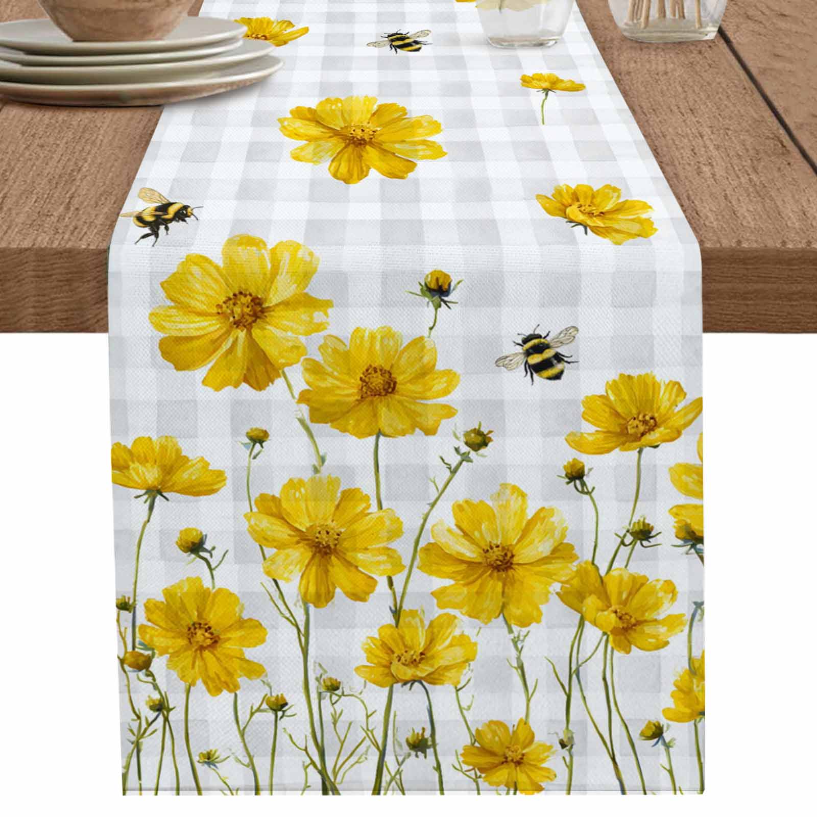 nqOlkjepod Yellow Flowers Table Runner 48 Inches Long Farmhouse Dress Scarves, Summer Bee Country Floral Gray Plaid Dining Tablerunner for Coffee Table/Kitchen Island/Party Décor, 13" x 48"