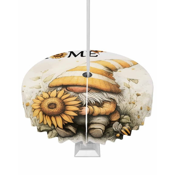 nqOlkjepod Yellow Gnomes Outdoor Tablecloth with Umbrella Hole & Zipper, Sunflower Bee Pastoral Botanical Retro Round Table Cover 54 Inch, Dining Waterproof Table Cloth Protector for Patio/Party