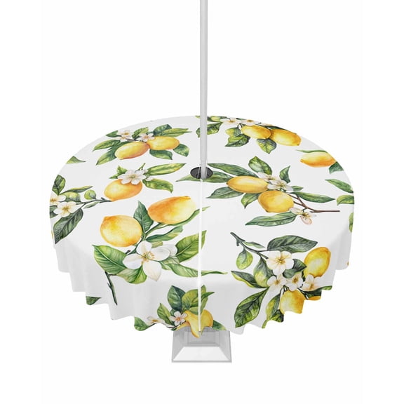 nqOlkjepod Yellow Lemon Outdoor Tablecloth with Umbrella Hole & Zipper, Farmhouse Spring Botanical Flowers Leaves Round Table Cover 60 Inch, Dining Waterproof Table Cloth Protector for Patio/Party