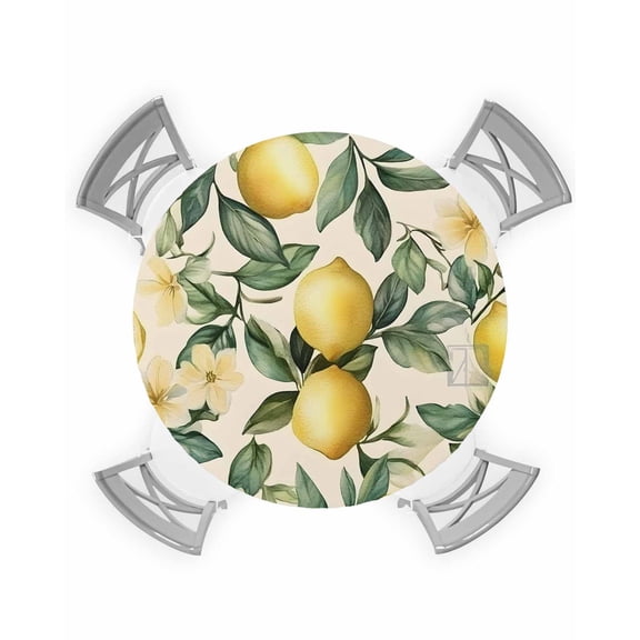 nqOlkjepod Yellow Lemon Round Tablecloth, Fitted Table Cover with Elastic for 36"-44" Round Tables, Floral Fruit Spring Summer Watercolor Green Table Cloth Dinning Party Waterproof Tablecloths