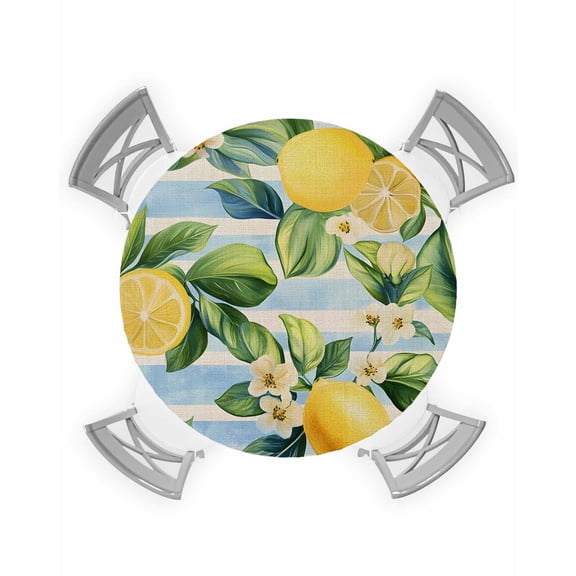 nqOlkjepod Yellow Lemon Round Tablecloth, Fitted Table Cover with Elastic for 36"-44" Round Tables, Summer Botanical Fruit Blue Striped Table Cloth Outdoor Dinning Party Waterproof Tablecloths