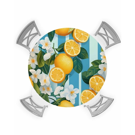 nqOlkjepod Yellow Lemon Round Tablecloth, Fitted Table Cover with Elastic for 36"-44" Round Tables, Summer Fruit Floral Blue Stripe Watercolor Table Cloth Dinning Party Waterproof Tablecloths