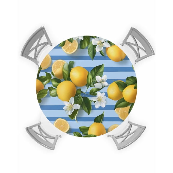 nqOlkjepod Yellow Lemon Round Tablecloth, Fitted Table Cover with Elastic for 36"-44" Round Tables, Summer Fruit Rustic Blue Striped Table Cloth Outdoor Indoor Dinning Party Waterproof Tablecloths