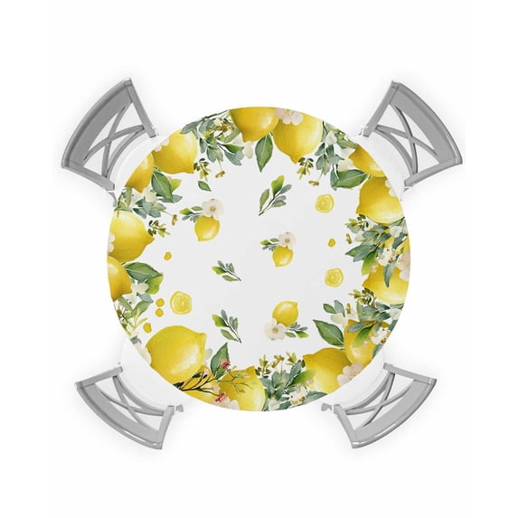 nqOlkjepod Yellow Lemon Summer Round Tablecloth, Fitted Table Cover with Elastic for 36"-44" Round Tables, Botanical Eucalyptus Leaves Table Cloth Outdoor Indoor Dinning Party Waterproof Tablecloths