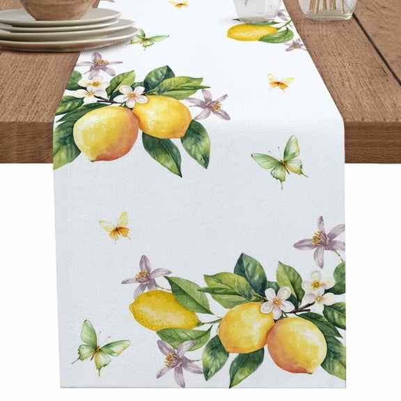 nqOlkjepod Yellow Lemon Table Runner 48 Inches Long Farmhouse Dress Scarves, Country Flower Butterfly Watercolor White Dining Tablerunner for Coffee Table/Kitchen Island/Party Décor, 13" x 48"