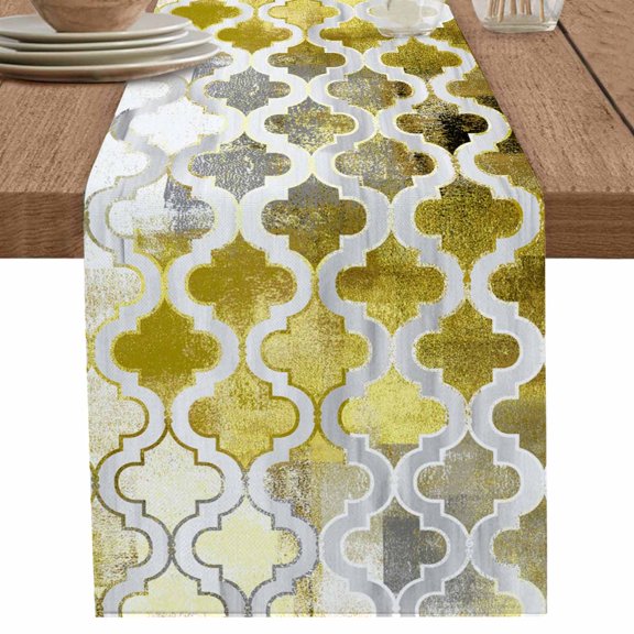 nqOlkjepod Yellow Morocco Table Runner 48 Inches Long Farmhouse Dress Scarves, Retro Grey Foil Painting Grunge Tribal Dining Tablerunner for Coffee Table/Kitchen Island/Party Décor, 13" x 48"