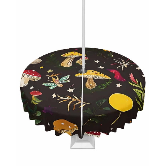 nqOlkjepod Yellow Red Mushrooms Outdoor Tablecloth with Umbrella Hole & Zipper, Black Forest Botanical Vintage Round Table Cover 54 Inch, Dining Waterproof Table Cloth Protector for Patio/Party