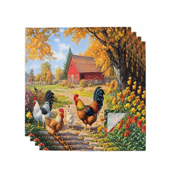 nqOlkjepod Yellow Retro Rooster Cloth Napkins Set of 4 Reusable Dinner Napkins, Spring Floral Pastoral Animals Cocktail Napkin Washable Table Napkins for Wedding/Holiday Party/Baby Shower 20"x20"