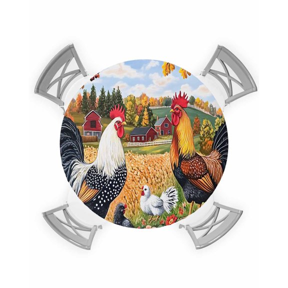 nqOlkjepod Yellow Retro Rooster Round Tablecloth, Fitted Table Cover with Elastic for 36"-44" Round Tables, Elegant Spring Floral Animals Table Cloth Outdoor Dinning Party Waterproof Tablecloths