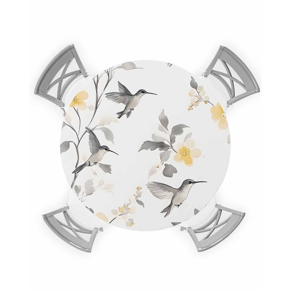 nqOlkjepod Yellow Spring Floral Round Tablecloth, Fitted Table Cover with Elastic for 55"-60" Round Tables, Gray Summer Botanical Birds Pastoral Table Cloth Dinning Party Waterproof Tablecloths