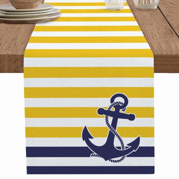 nqOlkjepod Yellow Striped Table Runner 36 Inches Long Farmhouse Dress Scarves, Navy Blue Nautical Anchor Geometric Dining Tablerunner for Coffee Table/Kitchen Island/Party Décor, Small 13" x 36"