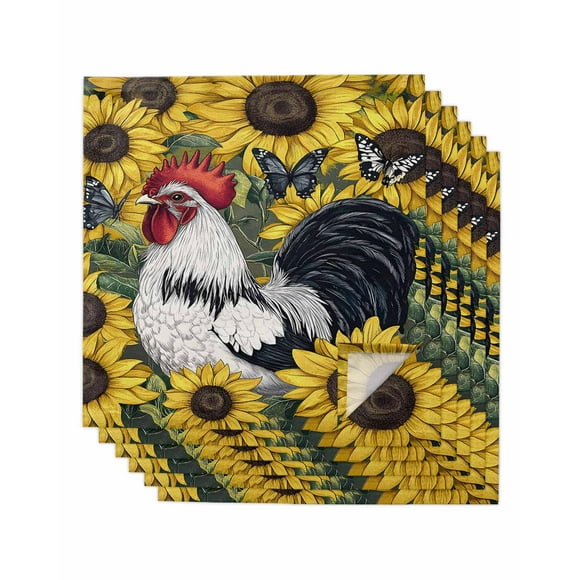 nqOlkjepod Yellow Sunflower Rooster Cloth Napkins Set of 6 Reusable Dinner Napkins, Farmhouse Vintage Rooster Cocktail Napkin Washable Table Napkins for Wedding/Holiday Party/Baby Shower 20"x20"