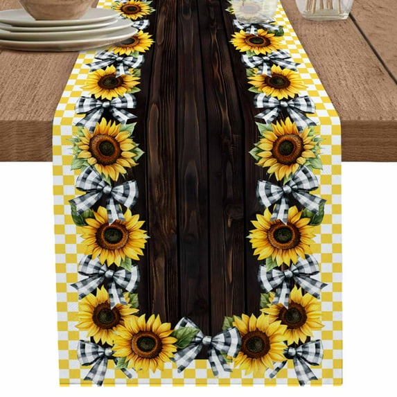 nqOlkjepod Yellow Sunflower Table Runner 72 Inches Long Farmhouse Dress Scarves, Plaid Black Bows Plank Country Dining Tablerunner for Coffee Table/Kitchen Island/Party Décor, 13" x 72"