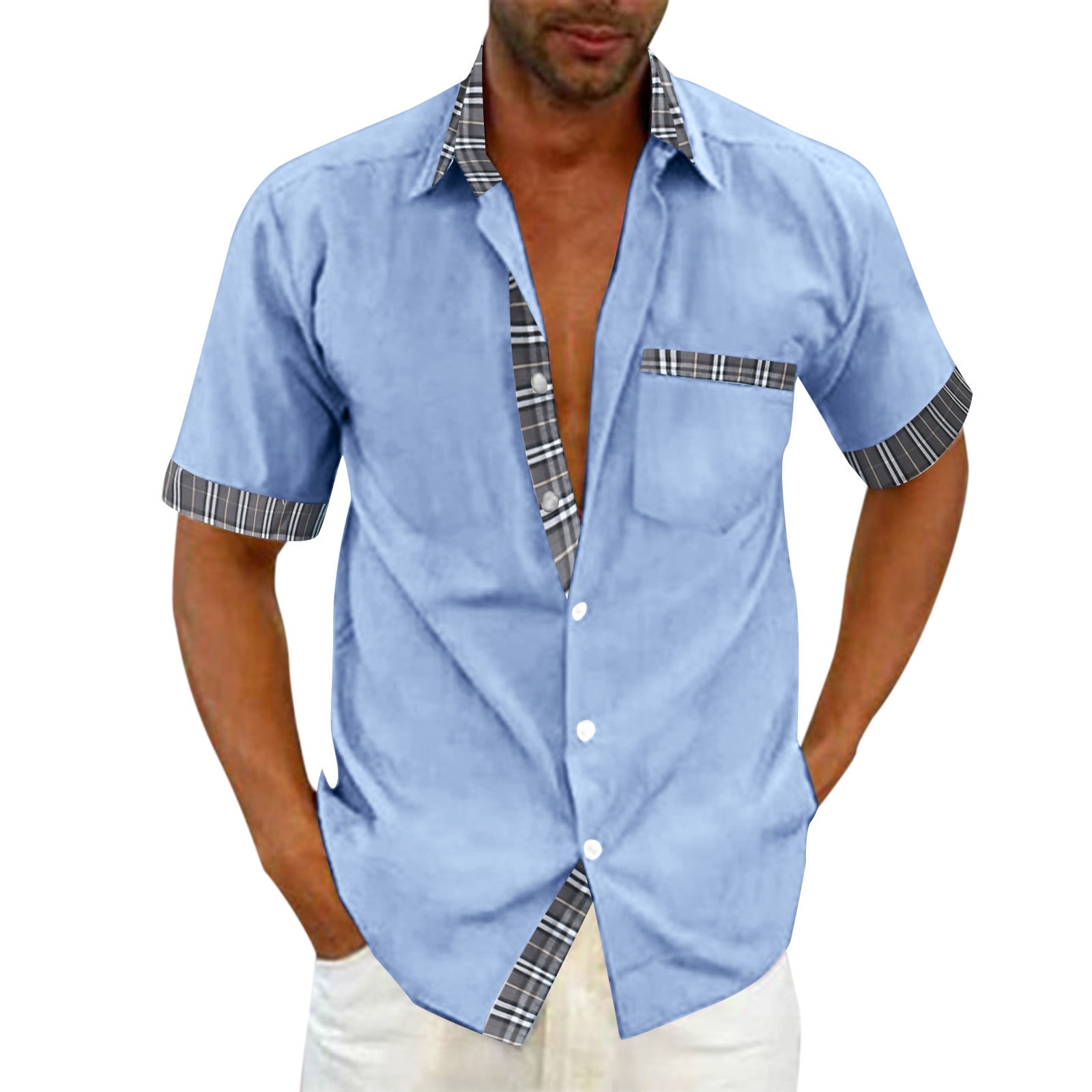 nsendm 70s Shirts Men Mens Fashion Casual Cotton And Linen Buckle Pocket  Stitching Plaid Sleeveless Turtleneck Men Shirt Sky Blue XX-Large