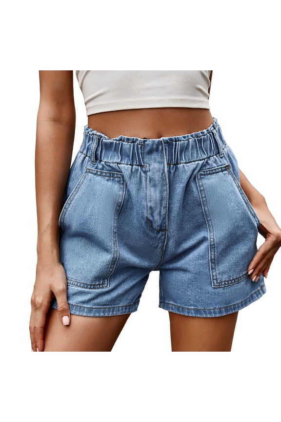 Denim Shorts for Women Trendy Stretch Jean Shorts Womens High Waisted Stretchy Mom Two Buttons Frayed Raw Hem Ripped Denim Shorts Distressed Blue S