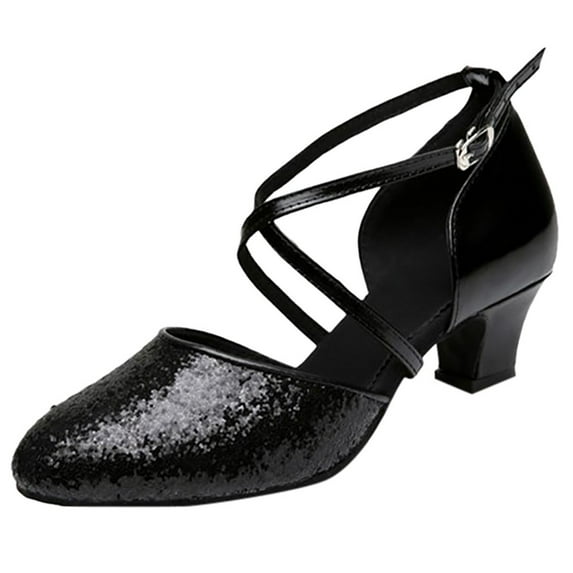 nsendm Female Shoes Adult Heel Dress Shoe Latin Ballroom Dance Square Shoes Prom Women's Middle Heels Wrap Wedge Heels Black 5