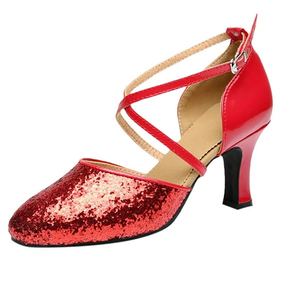 nsendm Female Shoes Adult Heel Dress Shoe Latin Ballroom Dance Square Shoes Prom Women's Middle Heels Wrap Wedge Heels Red 7.5