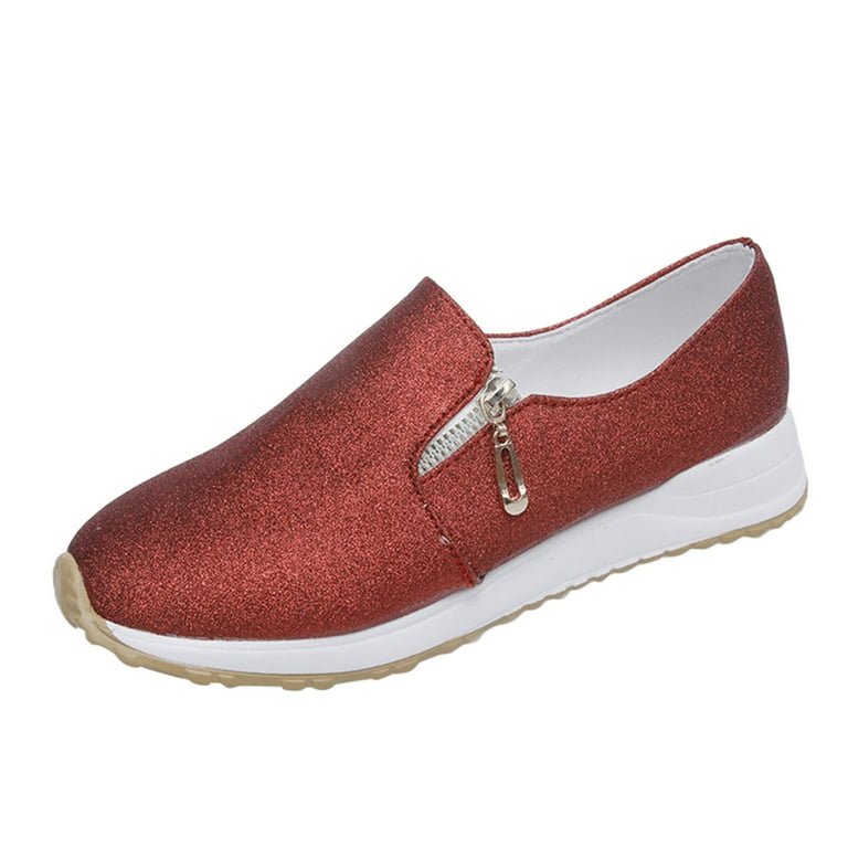 nsendm Female Shoes Adult Women's Casual Shoes Leather Shoes Flat Bottom  Non Slip Round Toe Lightweight Slip On Side Womens Leather Shoes Casual Red  9 