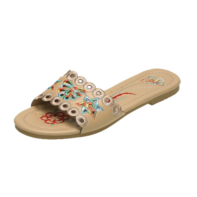 nsendm Female Shoes Adult Womens Slipper Memory Foam Women Slippers Flat  Embroidered Ethnic Style Beach Shoes Ladies Slippers for Women Beige 7.5 