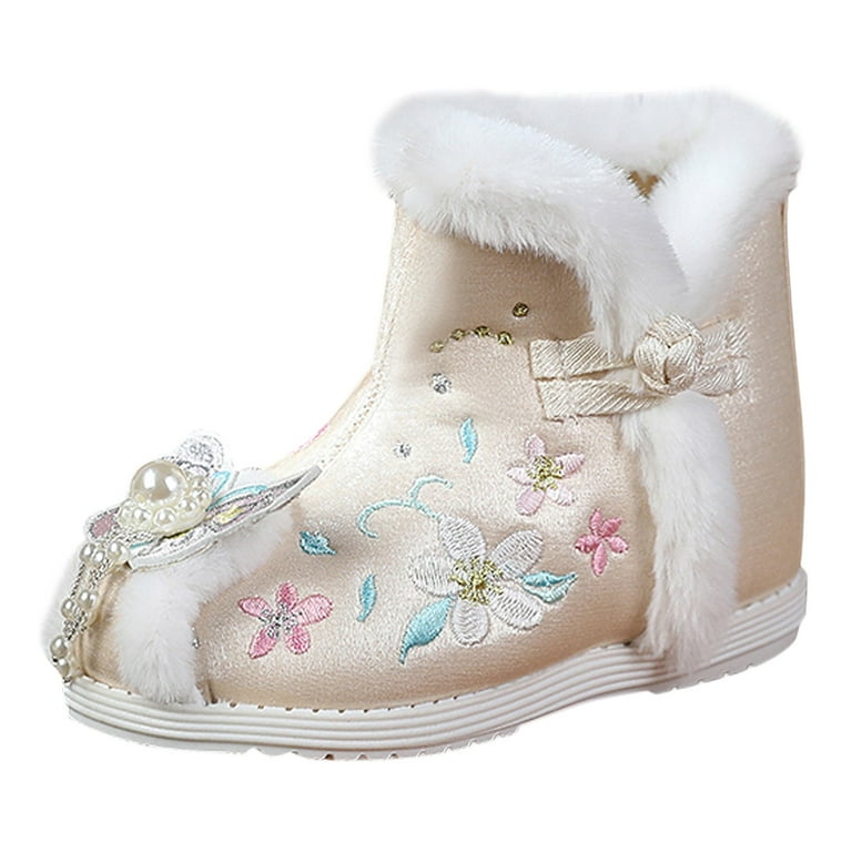 nsendm Female Shoes Big Kid Suede Boots Size 5 Boots for Toddler Gilrs  Cloth Shoes Warm Winter Snow Boots Embroidery Print Winter Shoes for Girls  Beige 2.5 