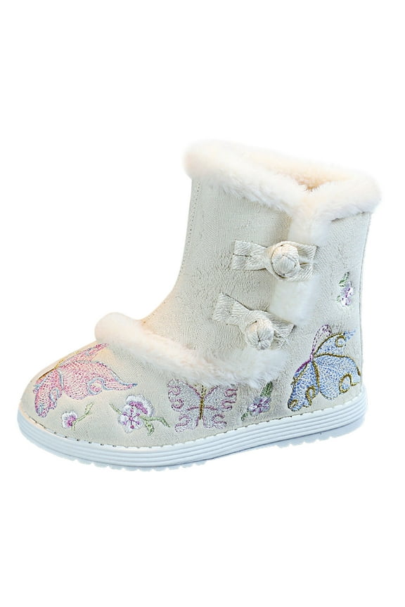 Female Shoes Little Kid Size 8 Girls Winter Boots for Toddler Gilrs Cloth Shoes Rubber Sole Warm Winter Snow Boots Embroidery Print Girls Snow Beige 11.5