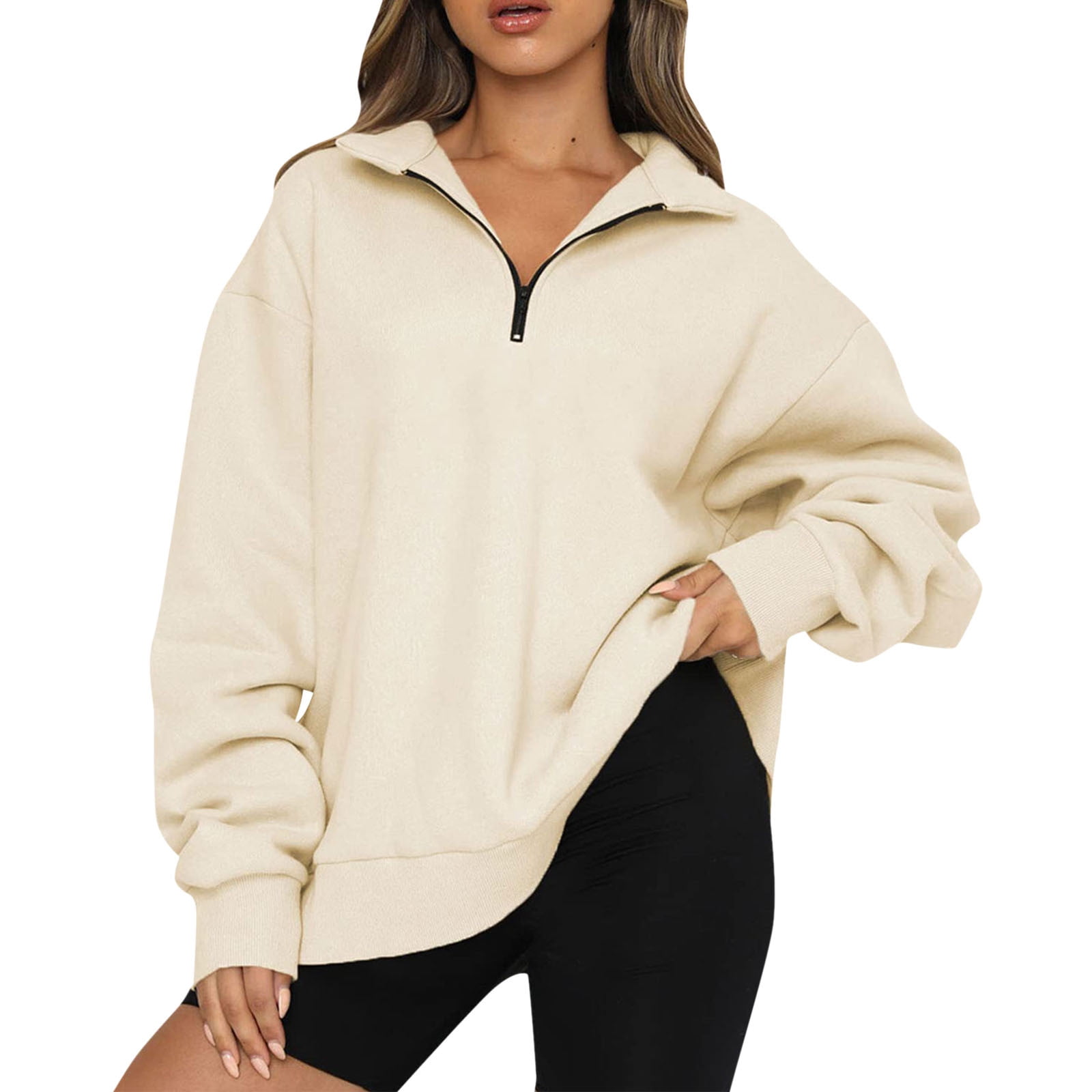 nsendm Ladies Sweatshirts with Hoods Womens Oversized Half Zip Pullover  Long Sleeve Sweatshirt Decorative Sweatshirt Women Sweatshirt Beige X-Large