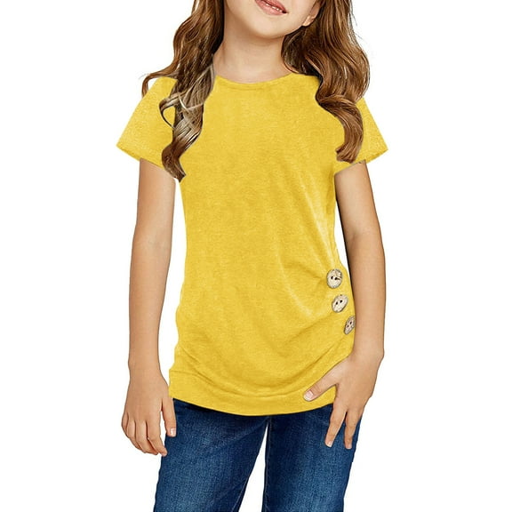 nsendm Teen Girl Tops Knot Tunic Shirts T Short Blouse Tops Tee Sleeve Years Clothes For Little Button Kids Summer Girls Casual Tops Front Girls Tops Tees Shirts Girls Shirt Yellow 6-7 Years