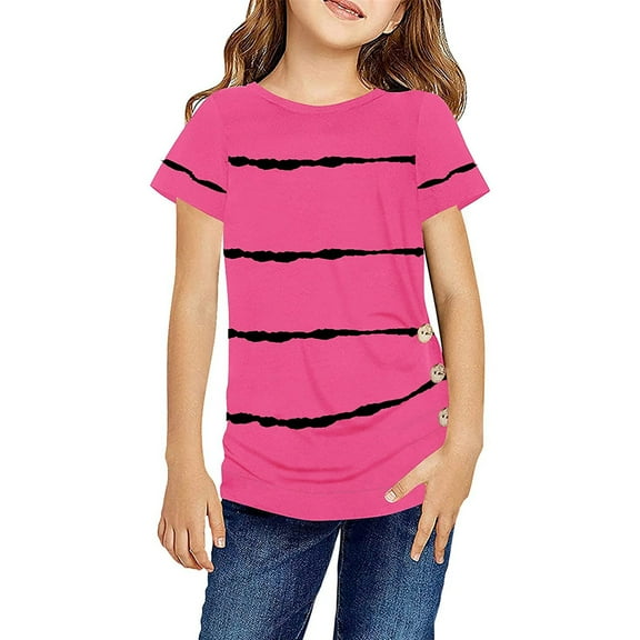 nsendm Toddler Girl T Shirts Little Girls Casual Short Sleeve T Shirts Crewneck Tunic Tops Kids Button Striped Tee Blouses Summer Clothes Hot Pink 4-5 Years