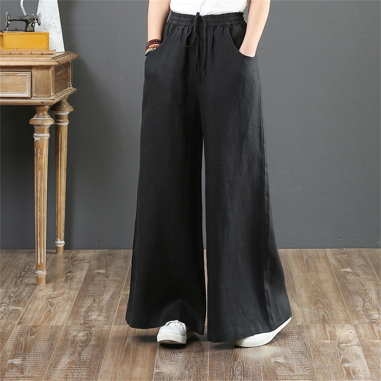 nsendm Women Summer High Waisted Linen Palazzo Pants Long Bottom Trousers  Summer Pants for Women Casual for Curvy Women Pants Black XX-Large 