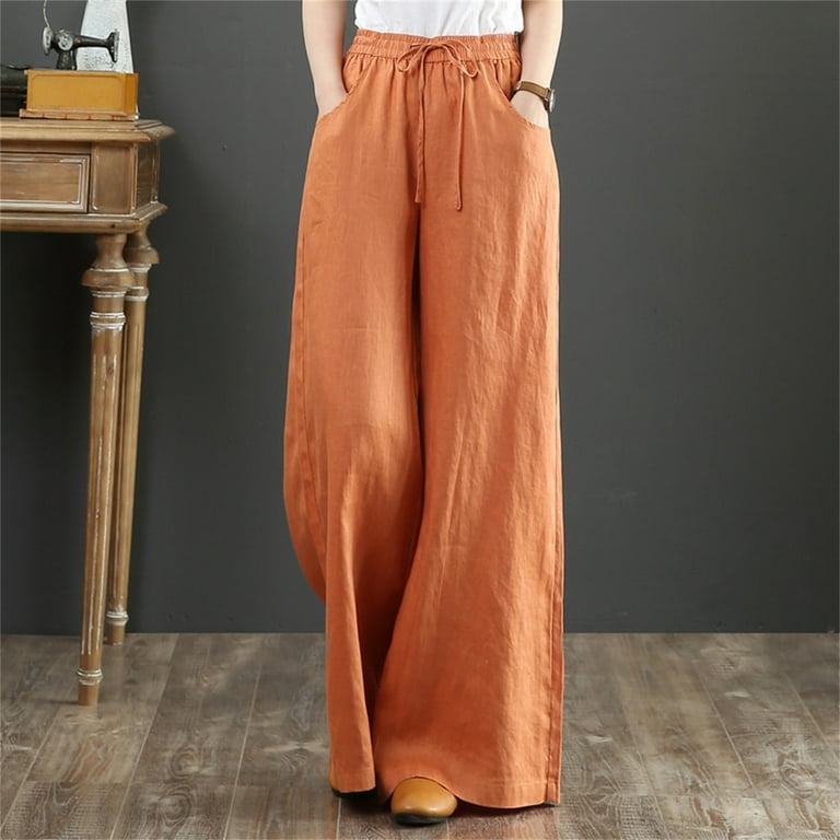 nsendm Women Summer High Waisted Linen Palazzo Pants Long Bottom Trousers  Summer Pants for Women Casual for Curvy Women Pants Orange X-Large 
