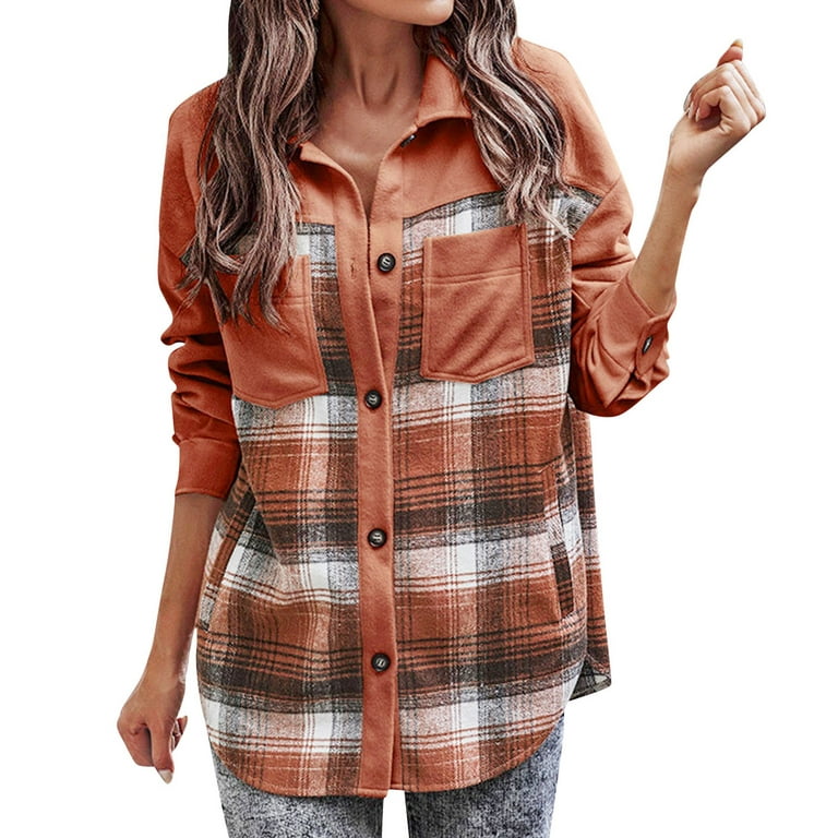 nsendm Womens Casual Lapel Button Long Sleeve Check Colorblock