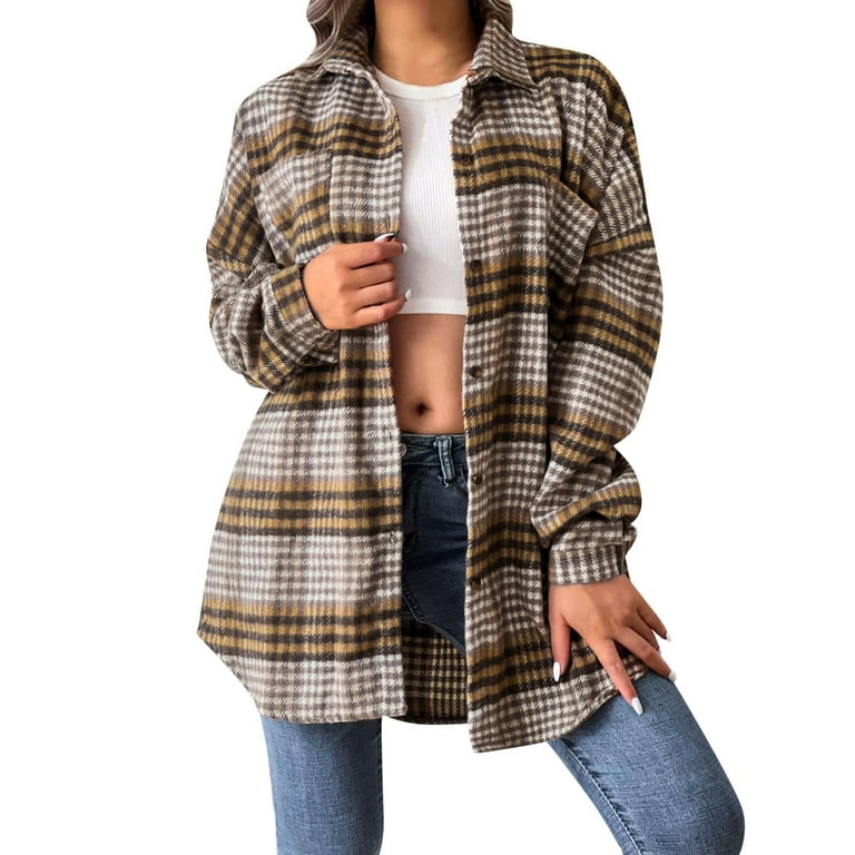 nsendm Womens Long Sleeve Button Down Plaid Shirts Flannel Hooded Shacket  Jacket Hoodie Coat Coat Women Coat Khaki Medium 