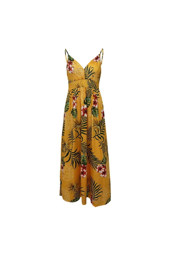 Womens Sleeveless Casual Summer Floral Print Dress Maxi Long Juniors Casual Dresses Dress Yellow Large