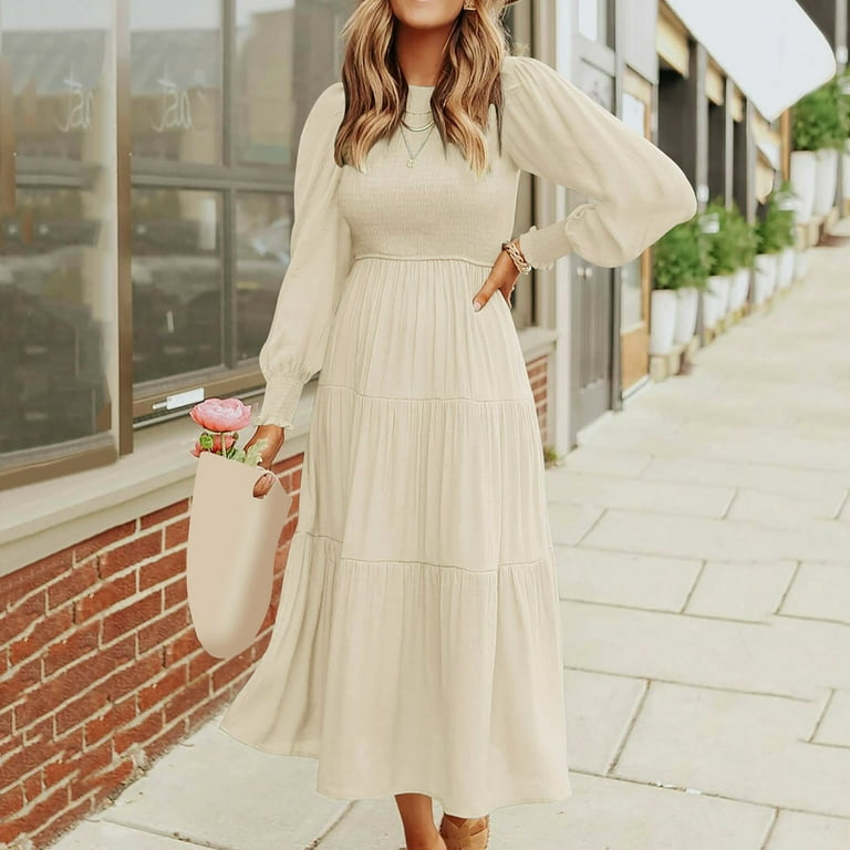 nsendm Womens Solid Color Long Sleeve Smocked Layered Oversized Skirt Dress Petite Maxi Dresses Dress Beige Large