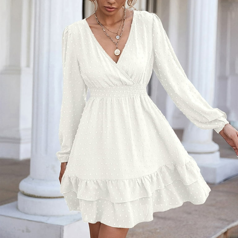 nsendm Womens Summer Short Sleeve V Neck Mini Dress Chiffon Dot Flowy Short  Dress Womens Casual Summer Dress Dress White X-Large 