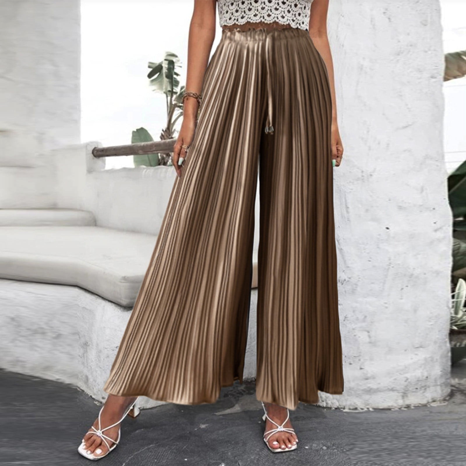 nsendm Womens Wide Leg Palazzo Pants High Waisted Pant Smocked Pleated  Loose Fit Casual Petite Pants for Women Work Casual Pants Khaki Medium 