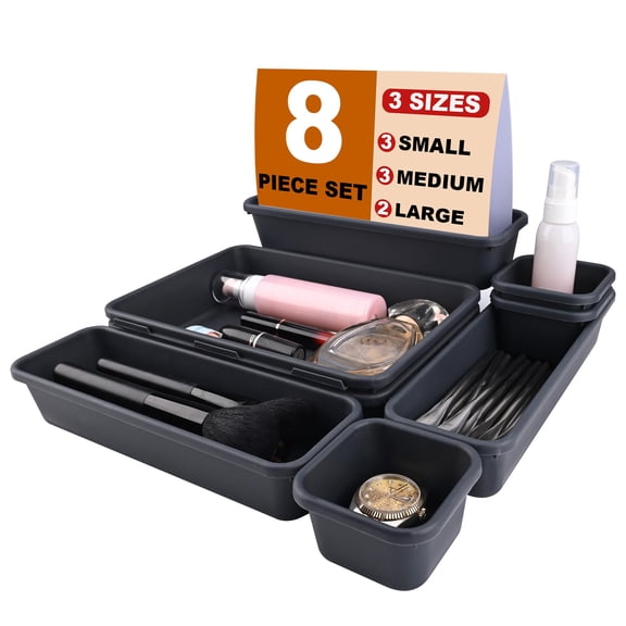 nterlocking Drawer Organizer Bins, Durable Plastic, Various Sizes for Custom Layout Design, Great for Desk Drawer, Tool Box or Garage Organization, (Black | 8-Piece Set)