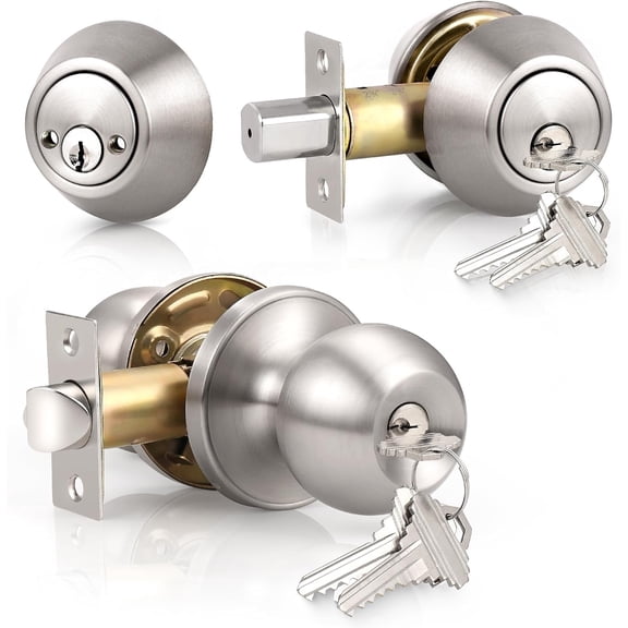 ntry Door Knobs and Double Cylinder Deadbolt, Keyed Alike Door Handle Set with Same Keys, Combo Pack for Front Doors-Keyed on Both Side, Satin Nickel Finish, Contractor Pack of 3 Set