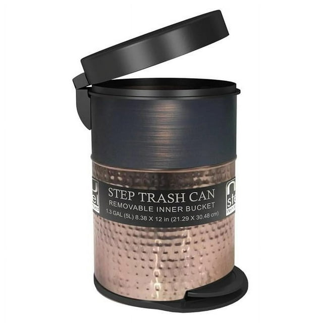 nu steel 5 Liter Round Small Metal Step Trash Can Wastebasket, Garbage Container Bin - for Bathroom, Powder Room, Bedroom, Kitchen, Craft Room, Office - Removable Liner Bucket - Copper/ORB- STP-05