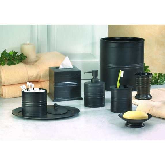 nu steel Bogart metal bathroom accessories set, 8 piece Luxury ensemble - cotton container, soap dish, toothbrush holder, tumbler, soap pump, waste basket, boutique tissue, amenity tray