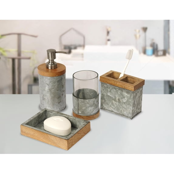 nu steel Confetti Galvanize Bath Accessory Set for Vanity Countertops, 4 piece Luxury ensemble includes soap dish, toothbrush holder, tumbler, soap and lotion pump